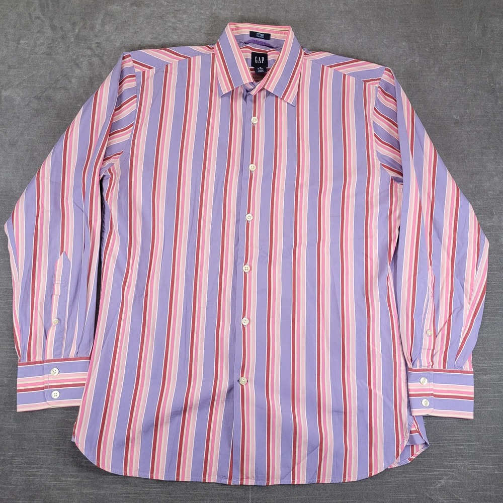 Gap Button Up Y2K Shirt Mens Med Purple Pink Striped Fitted Premium Long Sleeve